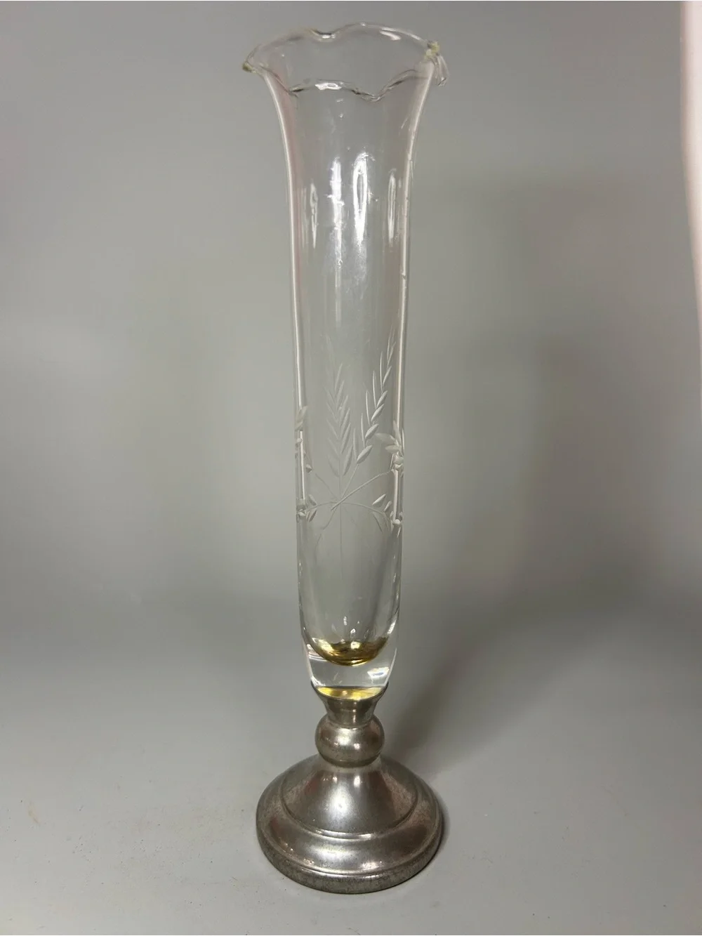 Vintage Web Pewter & Glass Flower Bud Vase Etched Wheat Ruffled Country‎ Cottage